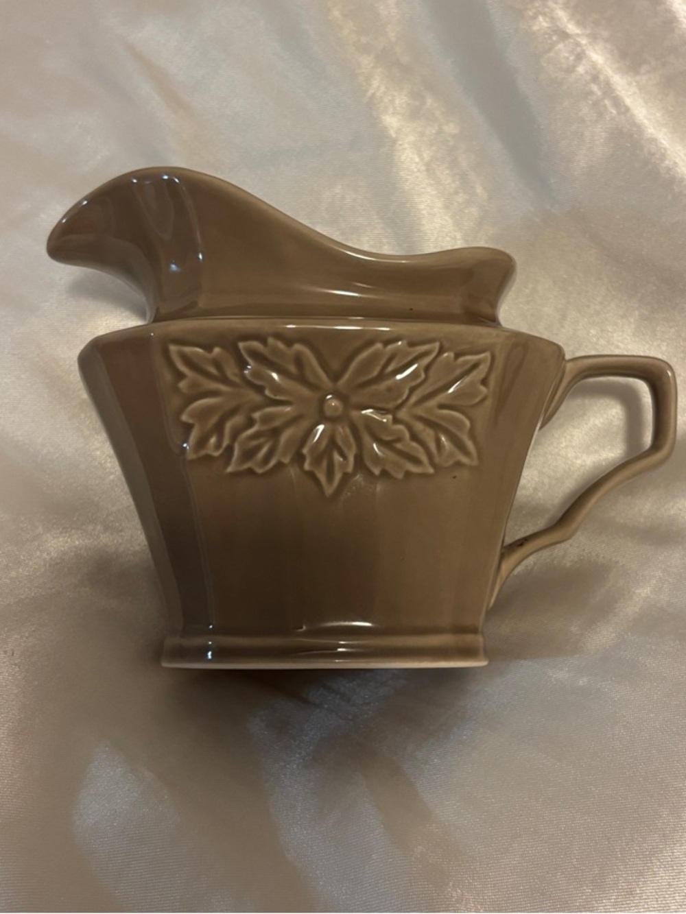 222 Fifth Taupe Ceramic Creamer with Leaf Relief